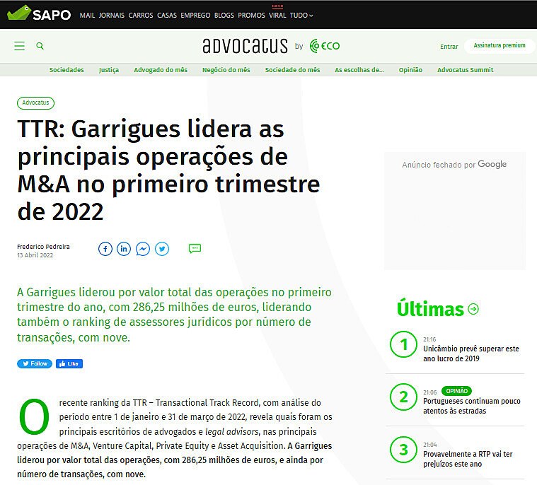 TTR: Garrigues lidera as principais operaes de M&A no primeiro trimestre de 2022